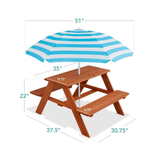 dimension image slide 1 of 2, Kids Wooden Outdoor Picnic Table w/ Adjustable Umbrella, Built-In Seat