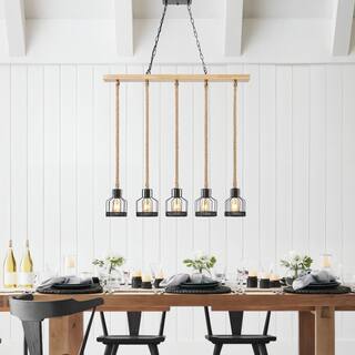 Wood and Ropes 5 Light Black Chandelier