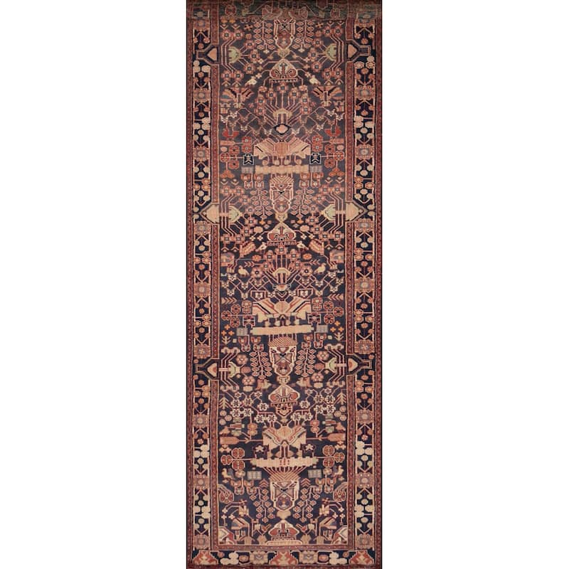 Hand Knotted Oriental 100% Wool Carpet Traditional Floral Navy Blue & Blues Lilian Runner Rug - 15' 10'' X 3' 5''