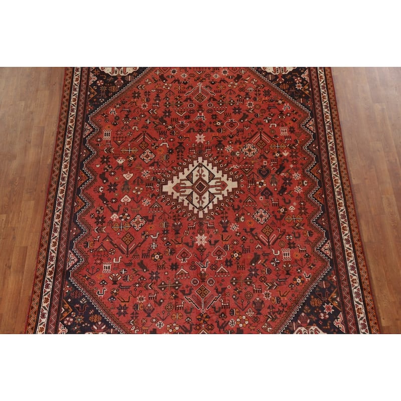 Tribal Red Shiraz Persian Vintage Area Rug Hand-Knotted Wool Carpet - 6'8"x 10'0"