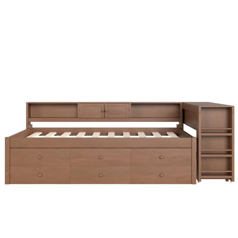 Full/Twin Daybed with Trundle & Storage Drawers - Wood Frame with Side Shelves and Desk
