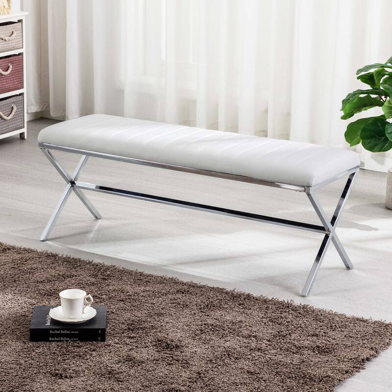 Tufted Faux Leather 46.5" Length Upholstered Dining Bench with Metal X Legs