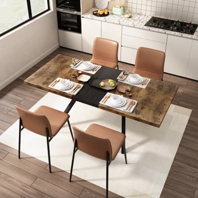 62.99"- 78.74" Vintage Rectangular Stretch Dining Table With Antique Wooden Tabletop and Black Embossed Centerboard