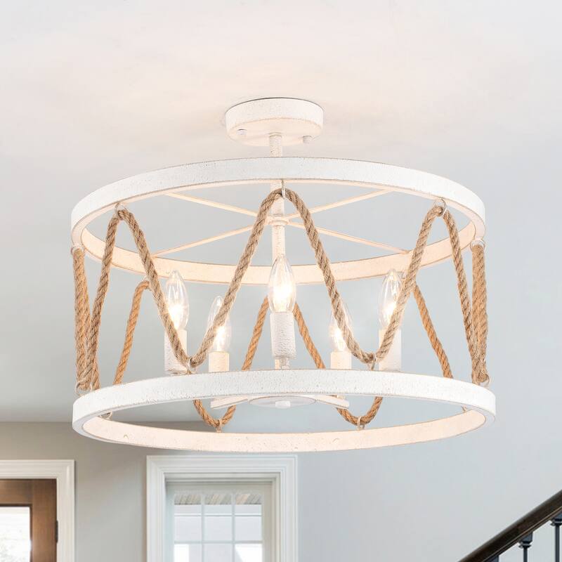 19.68" Wide Rural Drum Chandelier, 5-Light Semi-Flush Mount Lighting with Cage Lamp-Shade, Pendant Light for Dining Room