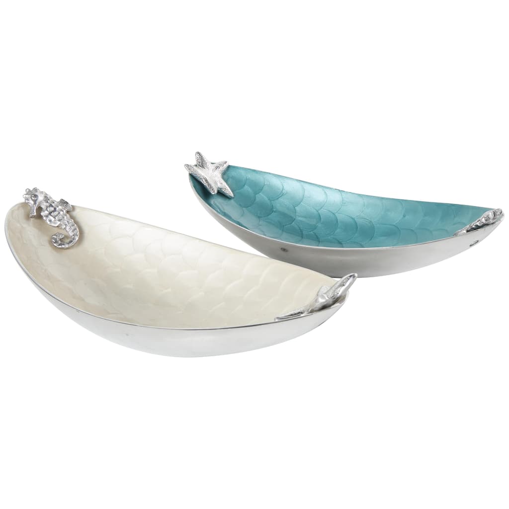 Aluminum Metal Sea Life Enameled Boat Shaped Decorative Bowl with Sea Life Accents - Set of 2 Multi Colored - Roche River Decor