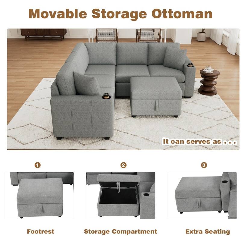 84.7" Modern L-shaped Sectional Sofa Set with a Movable Storage Ottoman and Pull-out Sofa