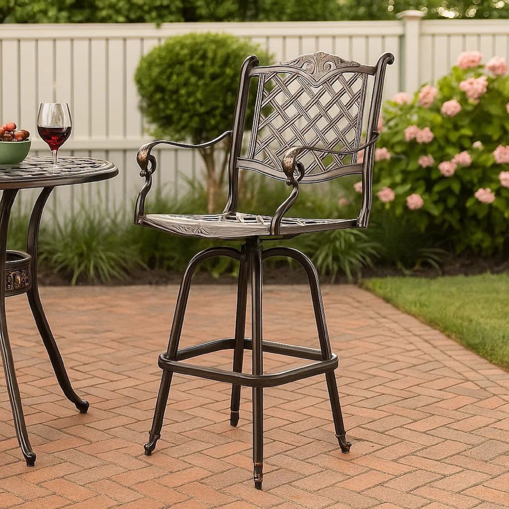 Outdoor Swivel Bar Height Chair, Ornate Bronze Aluminum Flared Base
