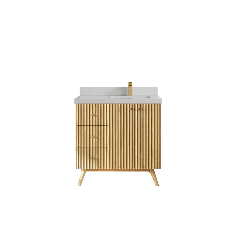 Willow Collections 36 in. W x 22 in. D Pasadena Solid Te Right Offset Sink Bathroom Vanity with Countertop - 2"Carrara Quartz - Light Natural