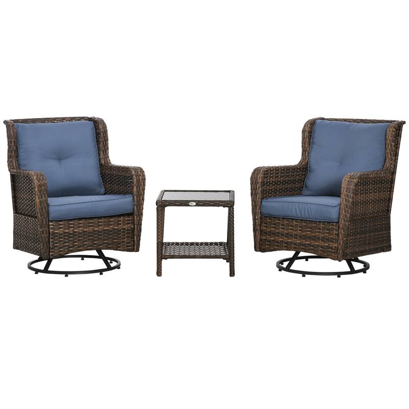 Outsunny 3-Piece Patio Bistro Set, PE Rattan Wicker Outdoor Furniture with Soft Cushions, 2 360° Swivel Rocking Chairs