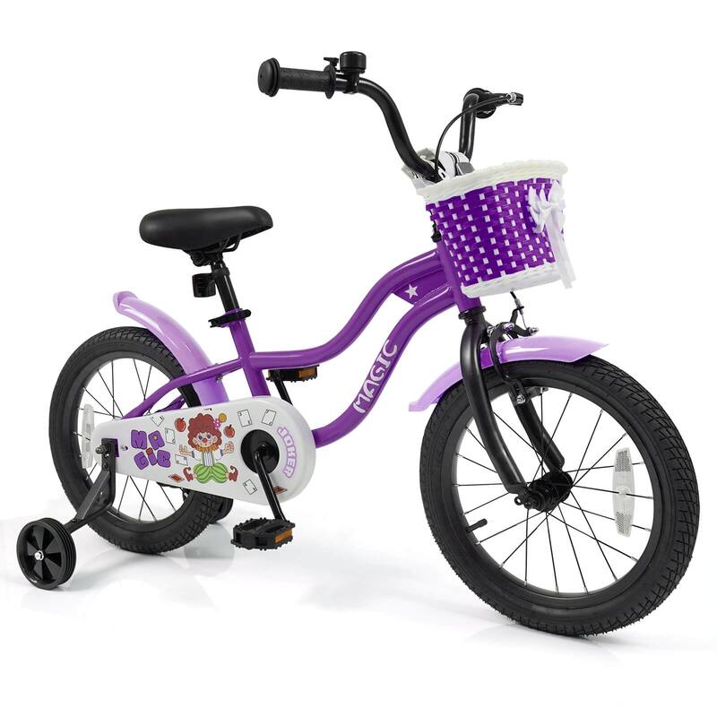 Costway 12”/14”/16”/18” Kids Bike with Training Wheels, Basket, Hand & - See Details - 16” Purple
