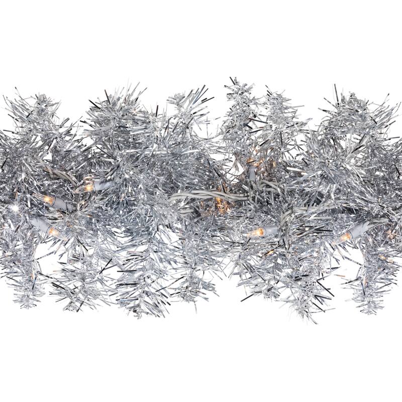Pre-Lit Artificial Tinsel Christmas Garland - 9' x 8" - Silver - Clear Lights