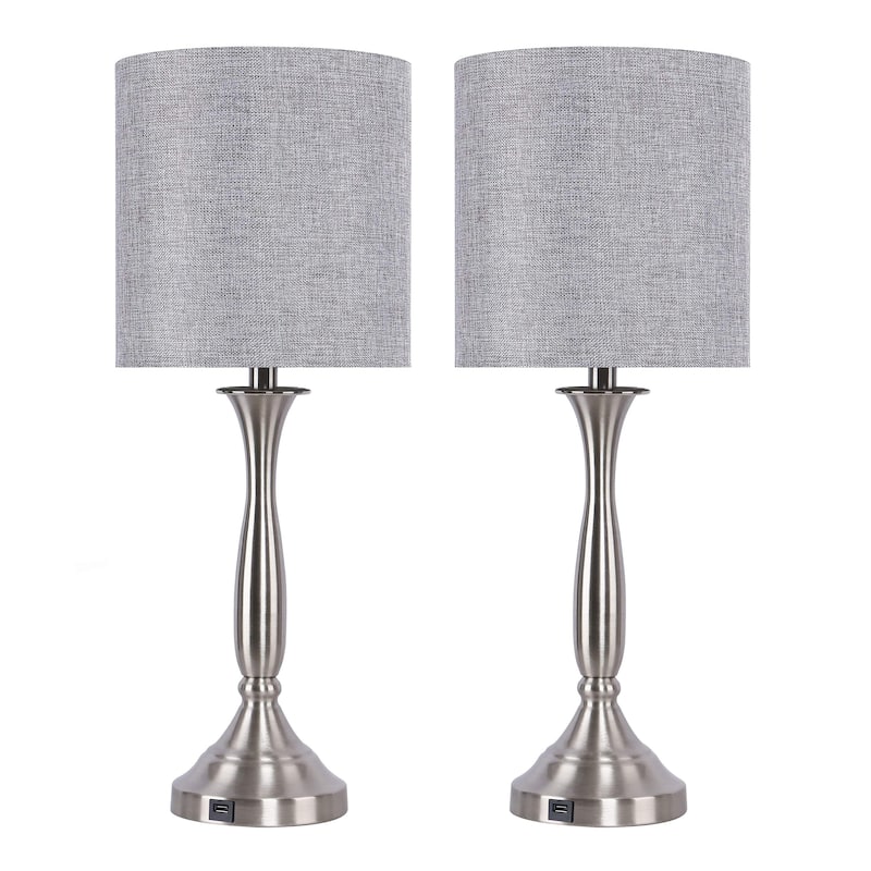 Sawyer 25" Metal Table Lamp with USB (Set of 2) - Brushed Nickel/Light Grey Linen Shade