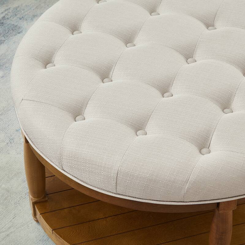 Large Round Tufted Linen Ottoman Coffee Table with Wood Shelf Storage - Ivory White