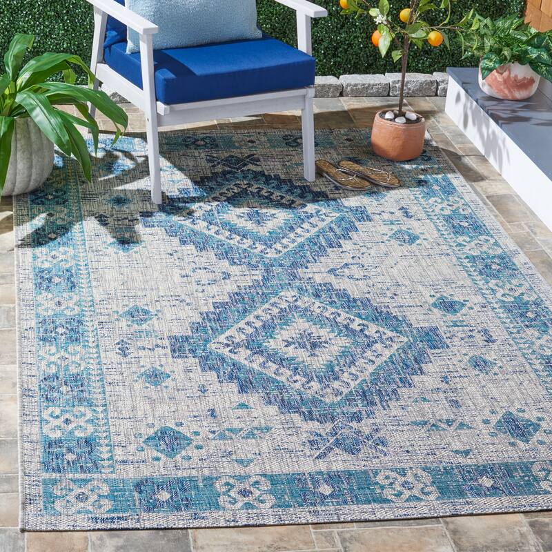 SAFAVIEH Courtyard Adrielle Outdoor Waterproof Patio Backyard Rug - 2'7" x 5' - Light Grey/Blue