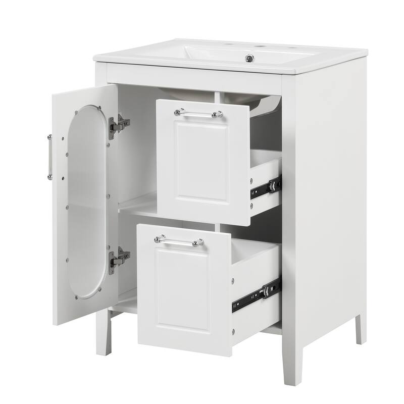 24" Black Bathroom Vanity with Sink - Solid Wood & MDF, Moru Glass Door, 2 Drawers, Adjustable Shelf