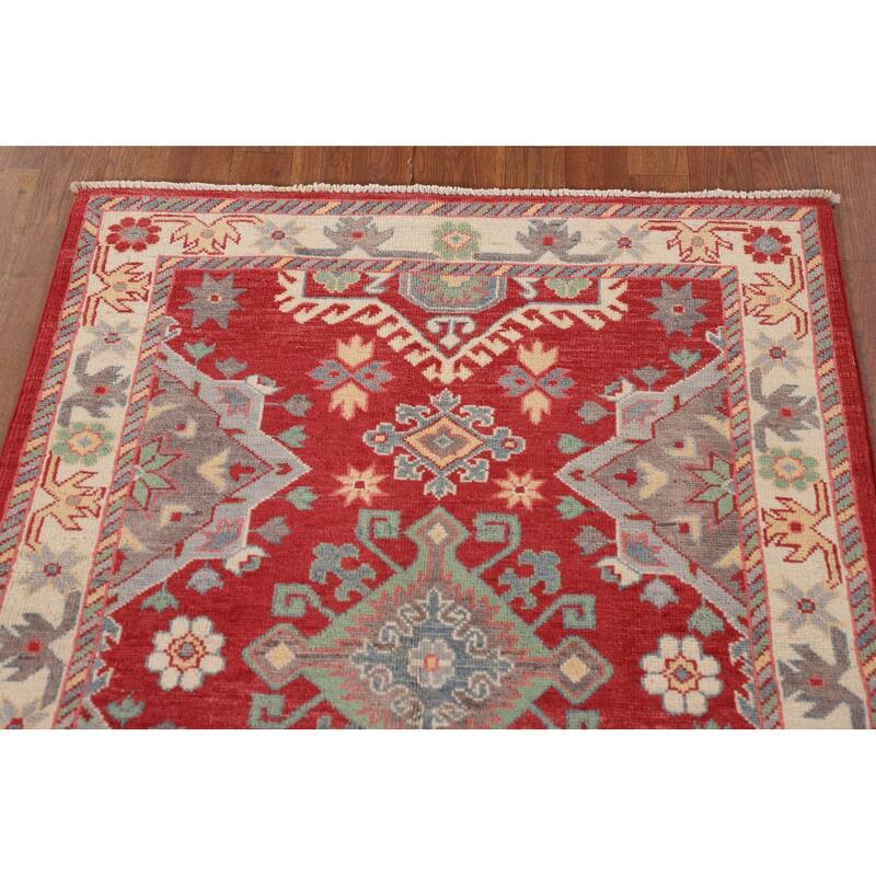 Red Kazak Accent Rug Handmade Geometric Wool Carpet - 3'4"x 4'8"