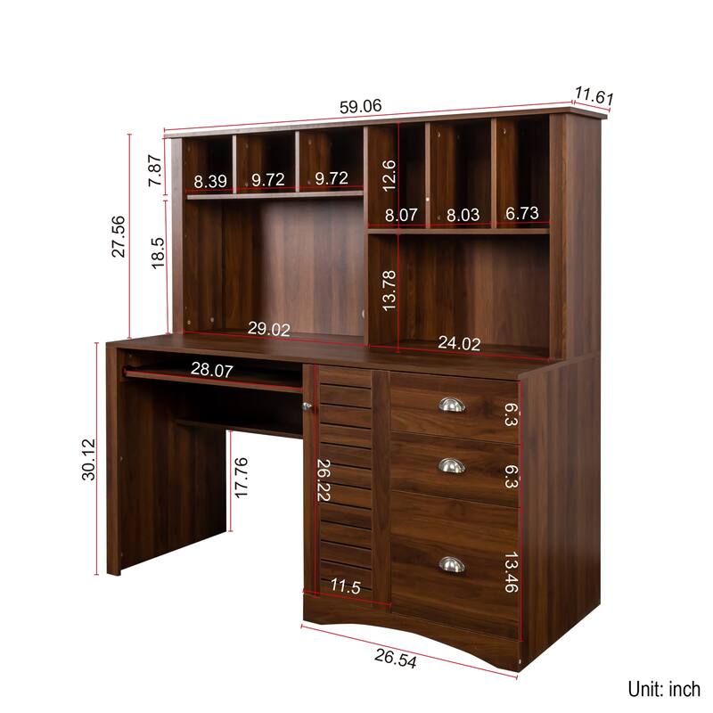 Wood Home Office Computer Desk with Hutch and Drawers