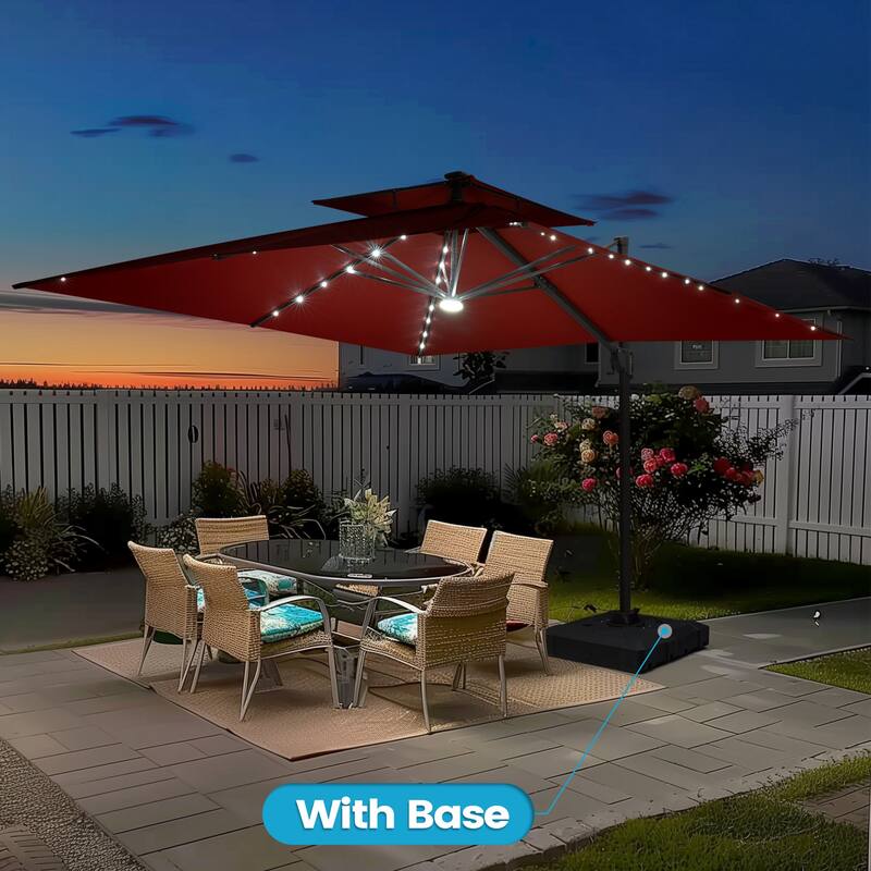 11FT Outdoor Patio Cantilever Umbrella with LED Lights Double Vented Umbrella with Base
