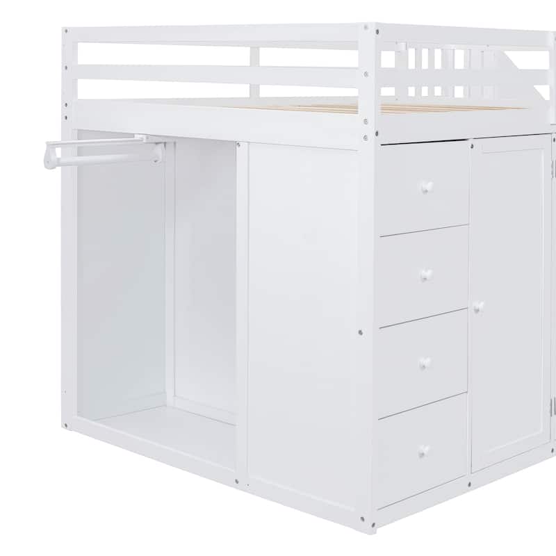 Full Size Wood Loft Bed With Built-in Wardrobes, Cabinets and Drawers