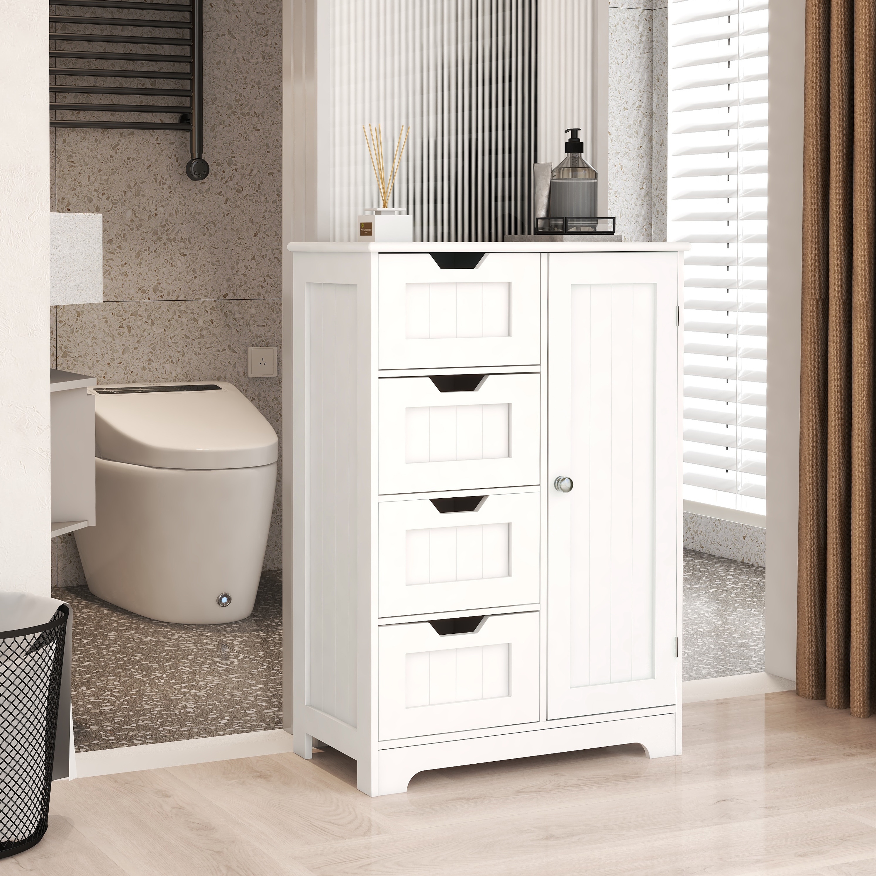 Medicine Cabinet Bathroom Floor Cabinet with 4 Drawers, Stylish Skin Care Cabinet with Adjustable Shelves