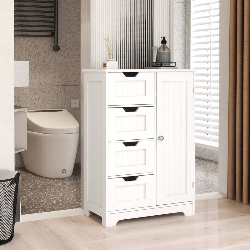 Medicine Cabinet Bathroom Floor Cabinet with 4 Drawers, Stylish Skin Care Cabinet with Adjustable Shelves - White