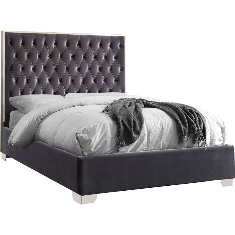 58.5 in.H Gray Wood Frame King Size Panel Bed with Velvet Upholstery Material and Bed Frame Mounted