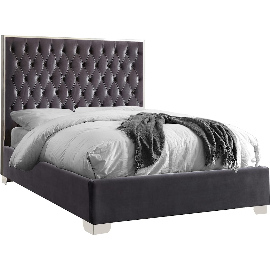 58.5 in.H Gray Wood Frame King Size Panel Bed with Velvet Upholstery Material and Bed Frame Mounted