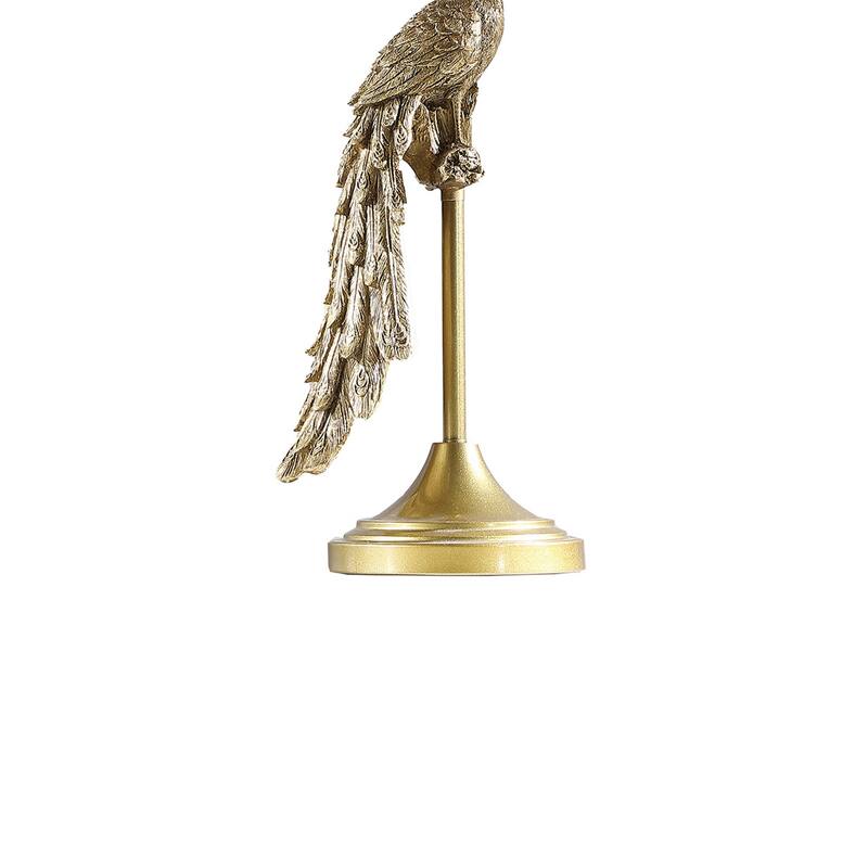 29 Inch Peacock Table Lamp, Gold Polyresin Sculpture, Black Drum Shade