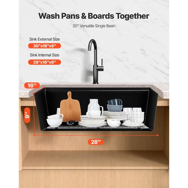 Black Granite Undermount Kitchen Sink with Single Bowl and Cutting Board and Roll-Up Rack