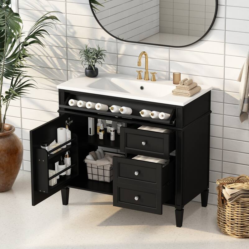 Modern Storage Cabinet Bathroom Vanity with Resin Sink, Tip-out Drawer, 2 Drawers, Side Door Organizer and Adjustable Shelf