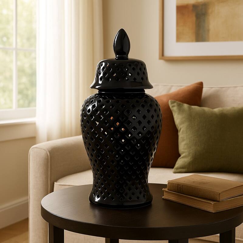 Modern Decorative Jar with Glossy Ceramic and Pierced Cutout Desig
