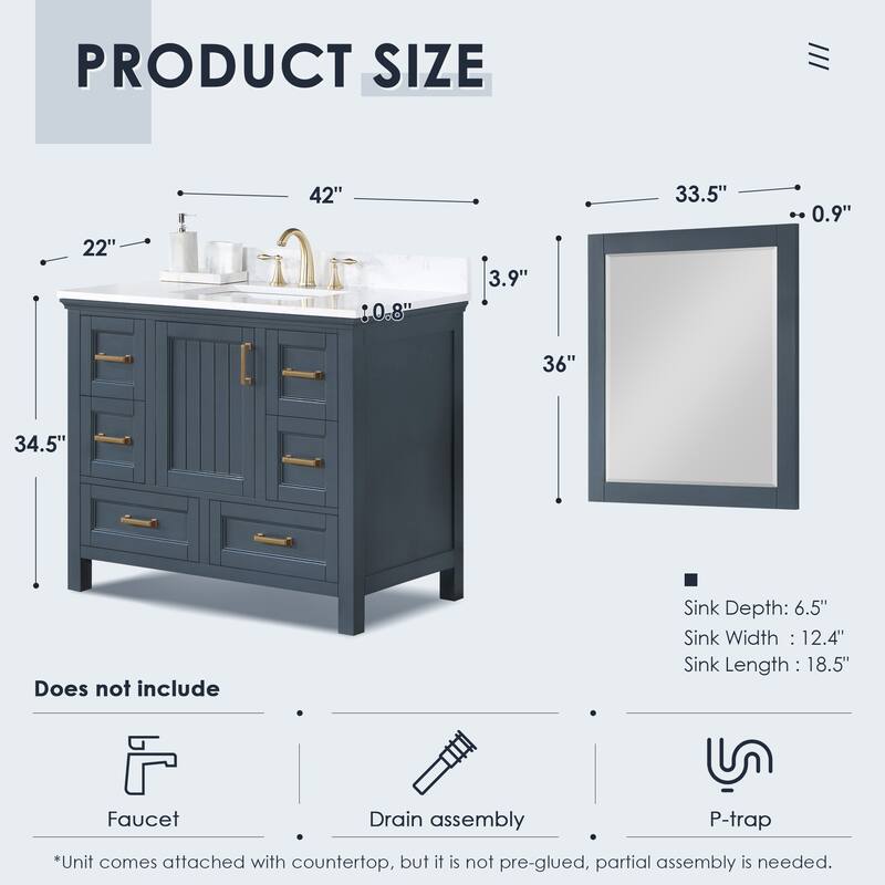 Altair Isla 42" Bathroom Vanity in Classic Blue with Countertop,with 34 "Mirror - 42 in.