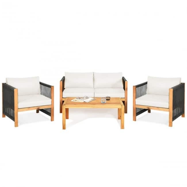 4 Pcs Acacia Wood Outdoor Patio Furniture Set with Cushions - 52" x 26" x 25" (L x W x H)