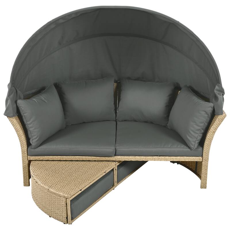Outdoor Patio Daybed, Outdoor Furniture Set with Retractable Canopy, Patio Wicker Rattan Round Sofa with 4 Pillows