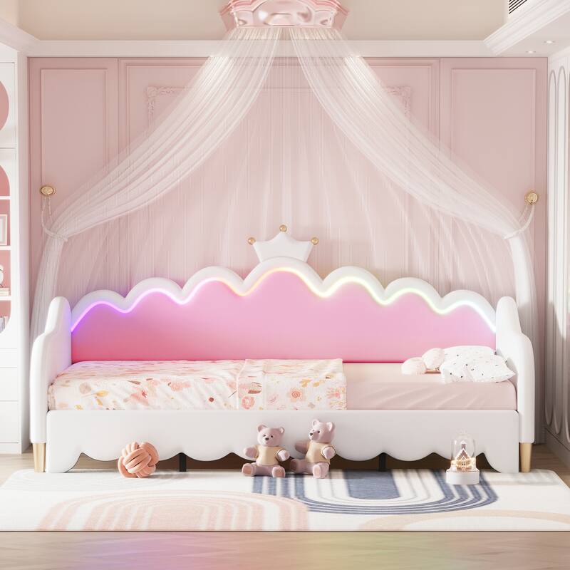 Twin Size Upholstered Princess Daybed with LED Lights and Crown Headboard