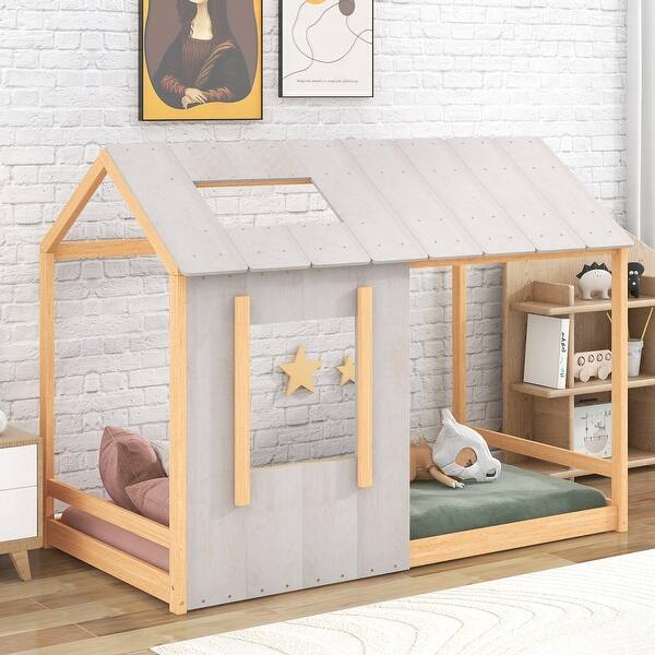 slide 2 of 18, Twin Size House Platform Bed Modern Wood Kids' Beds with Roof and Window Natural