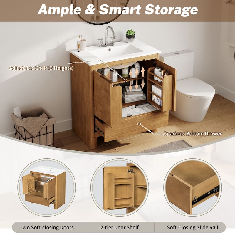 Christopher Knight Home - Harlow Modern 30" Bathroom Vanity with Ceramic Sink, Soft-Close Doors & Drawer, Adjustable Shelf