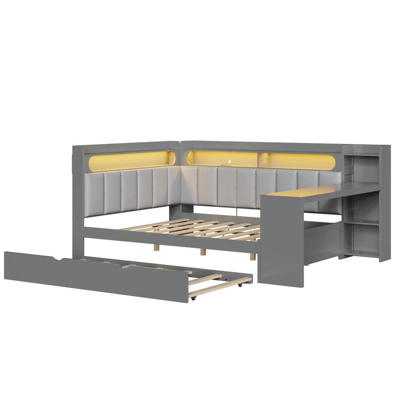 Roomfitters Full Daybed with Trundle, Charging Station and Upholstered Headboard