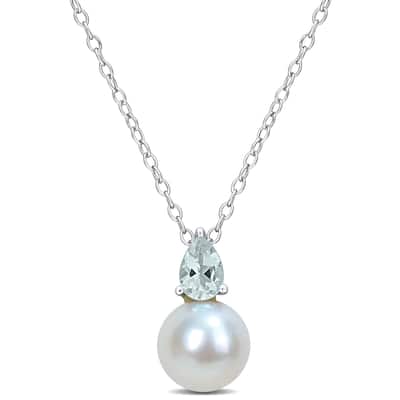 Miadora 3/8ct TGW Aquamarine and 8.5-9mm Cultured Freshwater Pearl Pendant with Chain Silver - 15.5 mm x 8.5 mm