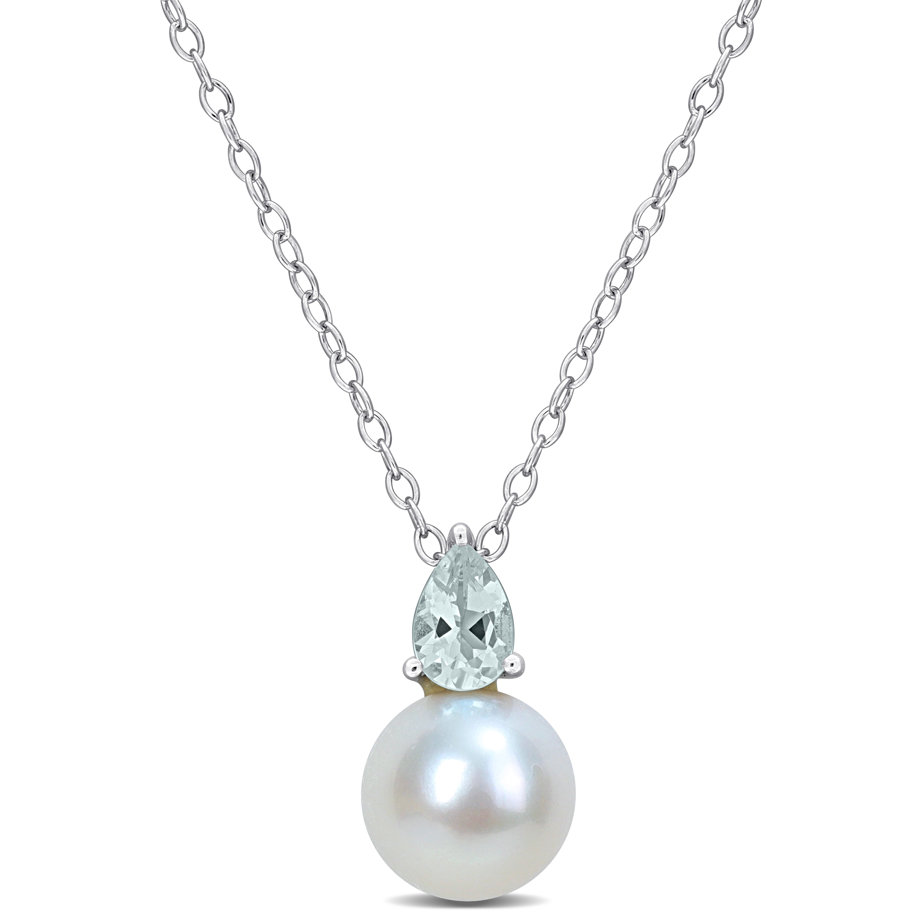 Miadora 3/8ct TGW Aquamarine and 8.5-9mm Cultured Freshwater Pearl Pendant with Chain Silver - 15.5 mm x 8.5 mm