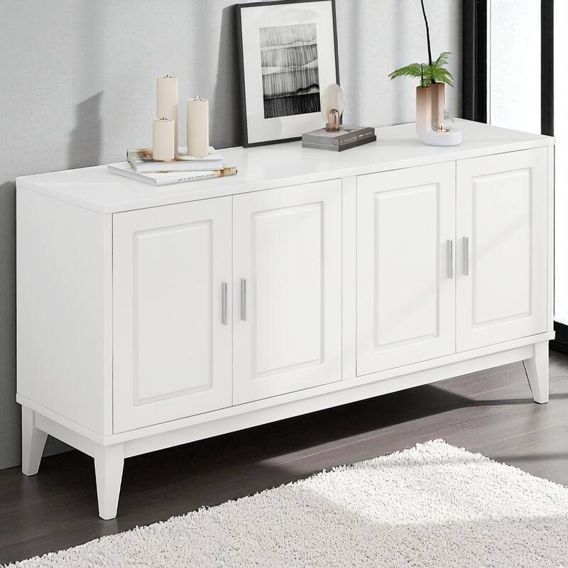 60" 4-Door Sideboard Buffet Cabinet with Adjustable Shelves and Cable Holes, Rubber Wood Storage Console - White