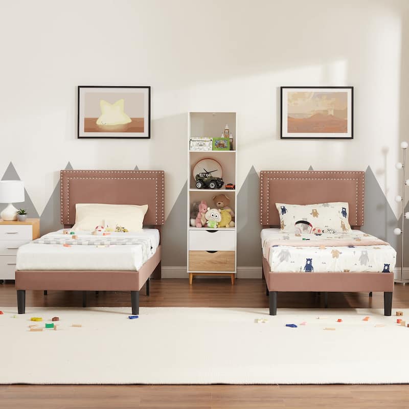 2 Pcs Upholstered Twin Size Platform Bed with Adjustable Headboard - Coffee - Twin