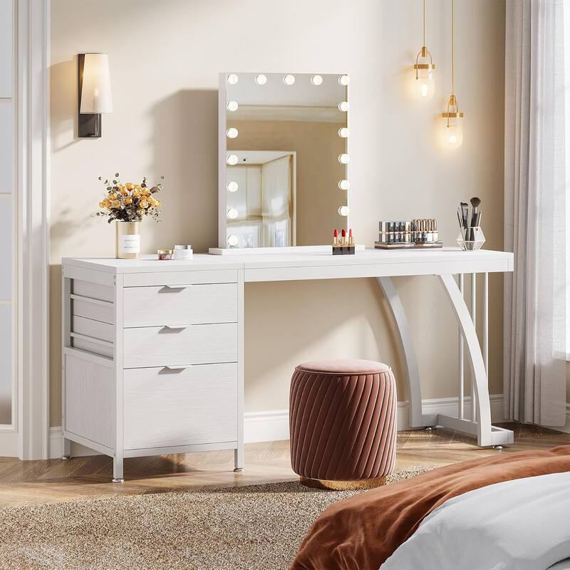 Vanity Desk 59" Dressing Table, Chic Makeup Desk with 3 Reversible Drawers for Bedroom, Home Room - White