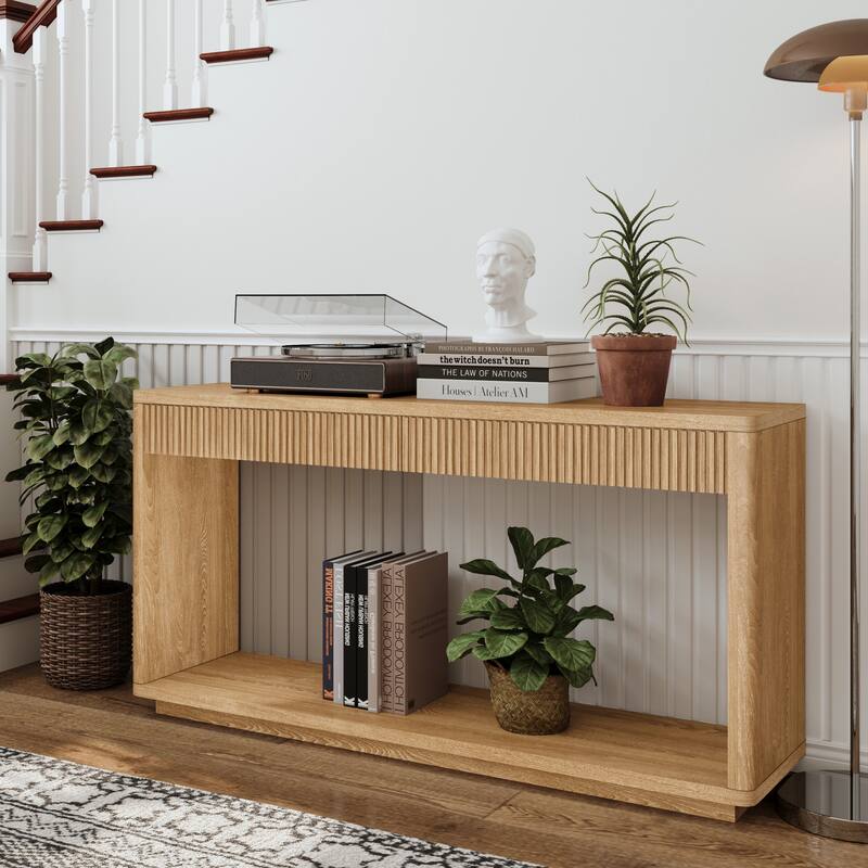 Modern 2-Drawer Fluted Console Table, Sofa Table, for Living Rooms, Hallways, Entryways and Home Offices, Natural Wood