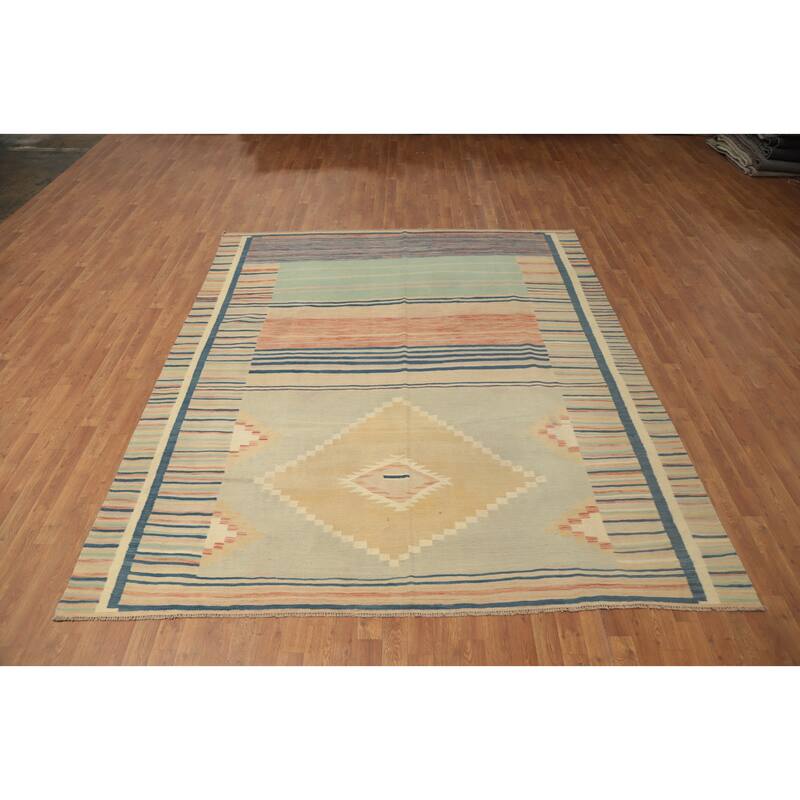 Hand Woven Oriental 100% Wool Carpet Southwestern Tribal Multi-Colored Kilim Area Rug - 9' 8'' X 8' 0''