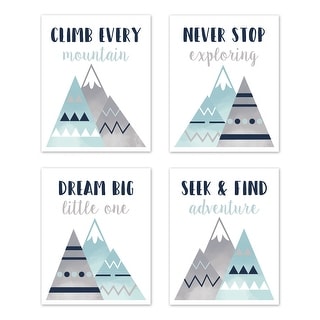 Sweet Jojo Designs Navy Blue, Aqua and Grey Aztec Mountains Collection Wall Decor Art Prints (Set of 4) - Dream Big Adventure
