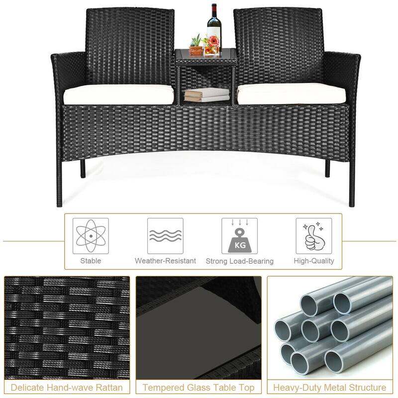 2-Piece Black Wicker Patio Set with White Seat Cushions and Tempered Glass Chat Table - 54.5" x 24" x 33" (L x W x H)