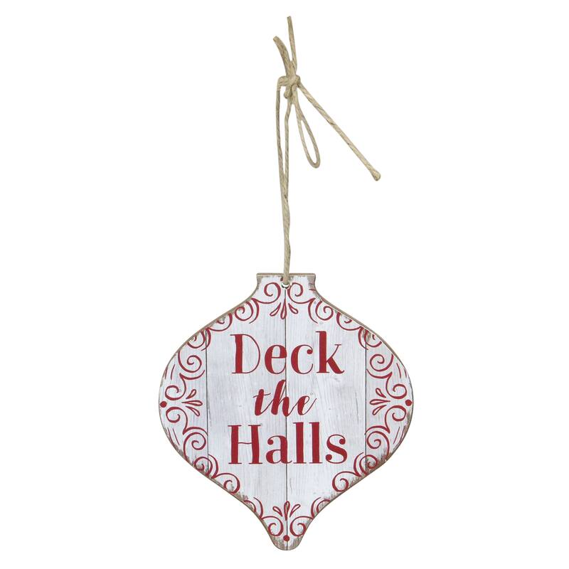 5.5" White Red Wooden Rustic "Deck The Halls" Onion Christmas Ornament