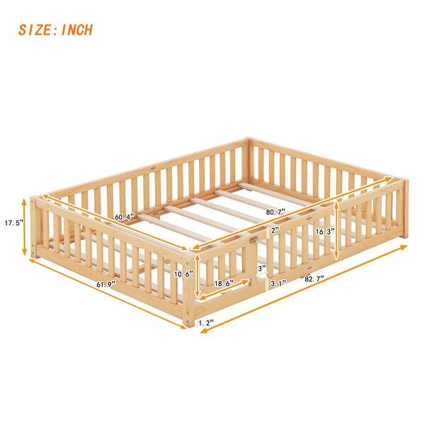 Queen Size Floor Bed with Door & Fence, Wooden Montessori Bed for Kids