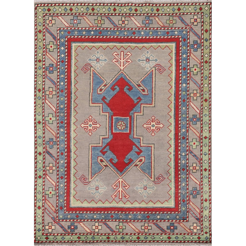 Kazak Foyer Rug Handmade Traditional Grey Wool Carpet - 3'4" x 4'9"